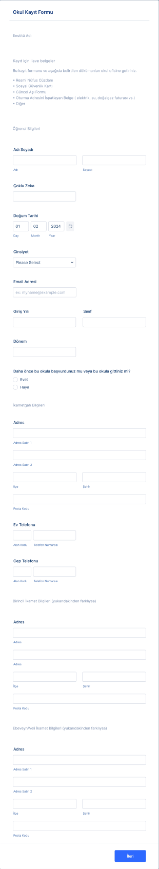 Güncel Okul Kayıt Form Şablonu