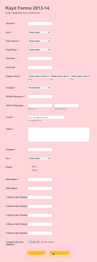 Okul Kayıt Form Template