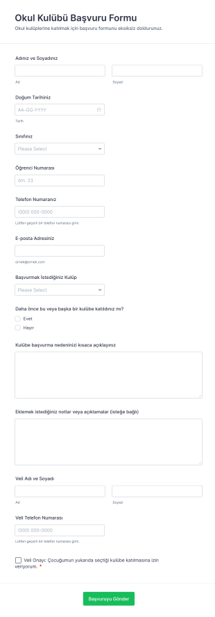 Okul Kulübü Başvuru Form Şablonu