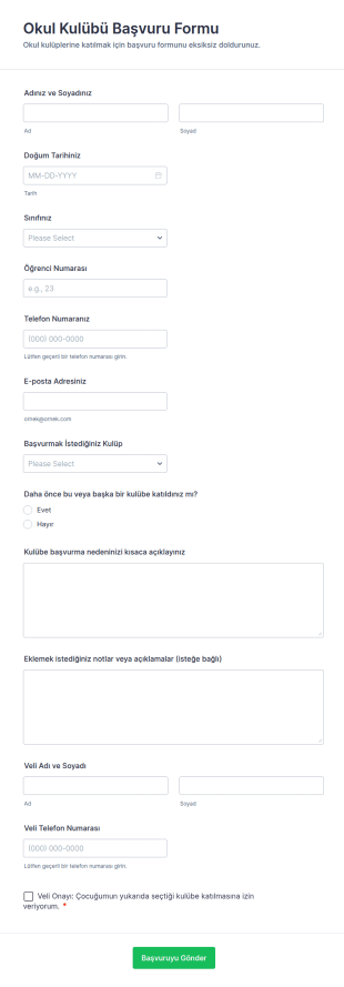 Okul Kulübü Başvuru Form Şablonu