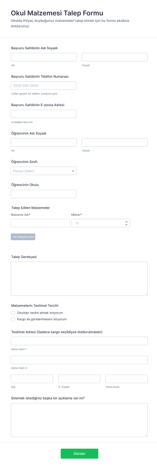 Okul Malzemesi Talep Form Şablonu