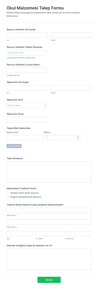 Okul Malzemesi Talep Form Şablonu
