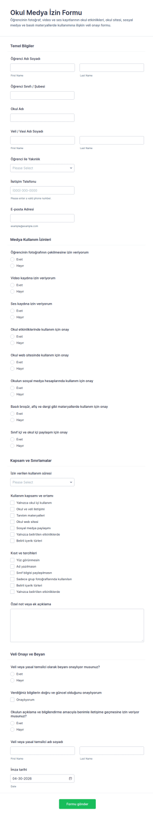 Okul Medya Serbest Bırakma Form Şablonu