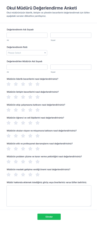 Okul Müdürü Değerlendirme Anketi Form Şablonu