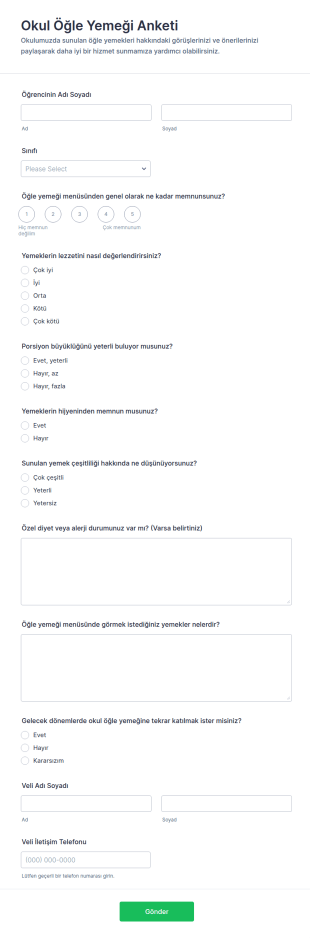 Okul Öğle Yemeği Anketi Form Şablonu