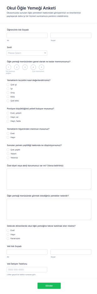 Okul Öğle Yemeği Anketi Form Şablonu