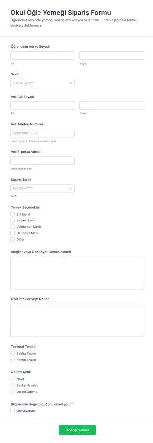 Okul Öğle Yemeği Sipariş Form Şablonu