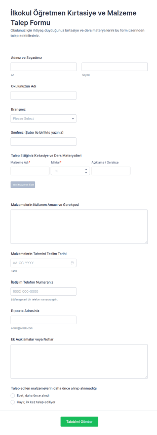 Okul Öğretmenleri Malzeme Talep Formu 🎒✏️📚 Form Şablonu