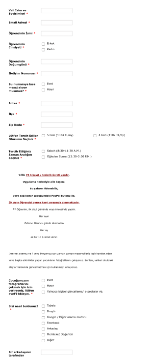 Okul Öncesi Paketi Kayıt Form Template