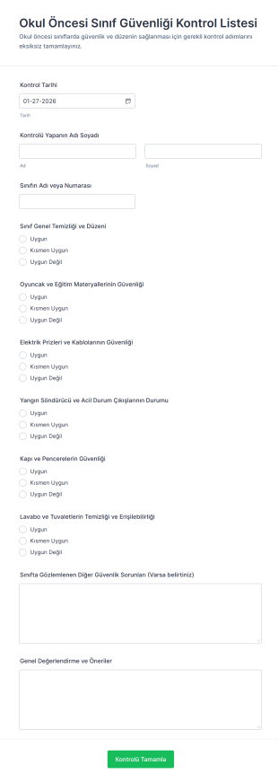 Okul Öncesi Sınıf Güvenliği Kontrol Listesi Form Şablonu