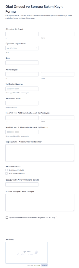 Okul Öncesi Ve Sonrası Bakım Kayıt Form Şablonu