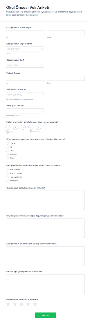 Okul Öncesi Veli Anketi Form Şablonu