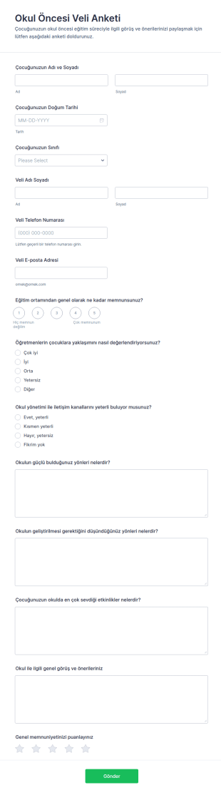 Okul Öncesi Veli Anketi Form Şablonu