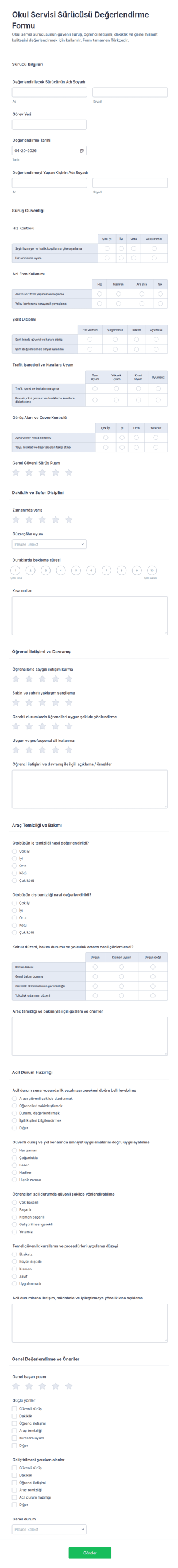 Okul Otobüsü Sürücü Değerlendirme Anketi 🚍 Form Şablonu