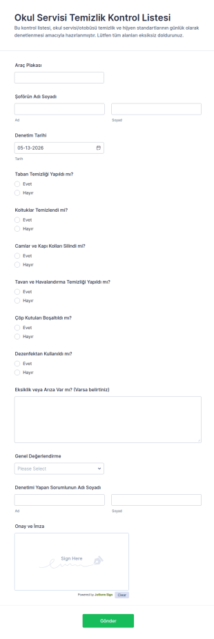 Okul Otobüsü Temizlik Kontrol Listesi Form Şablonu