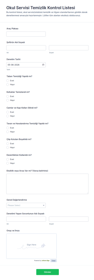 Okul Otobüsü Temizlik Kontrol Listesi Form Şablonu