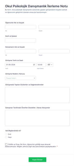 Okul Psikolojik Danışmanlık İlerleme Notu Form Template