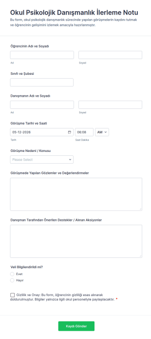 Okul Psikolojik Danışmanlık İlerleme Notu Form Şablonu