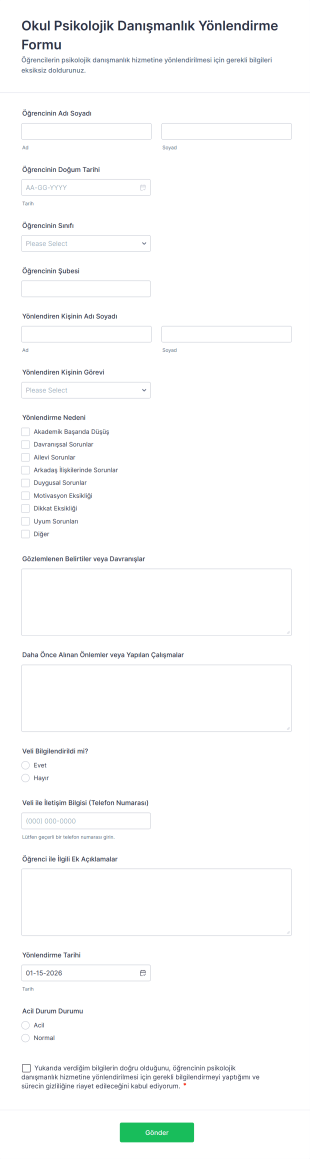 Okul Psikolojik Danışmanlık Yönlendirme Form Template
