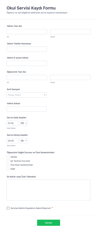 Okul Servisi Kaydı Form Şablonu