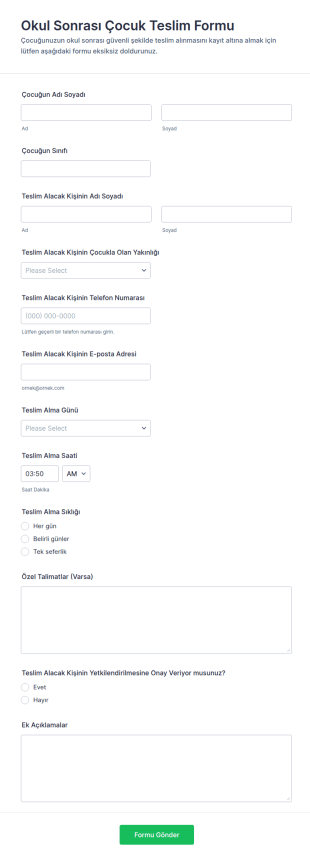 Okul Sonrası Alma Form Şablonu