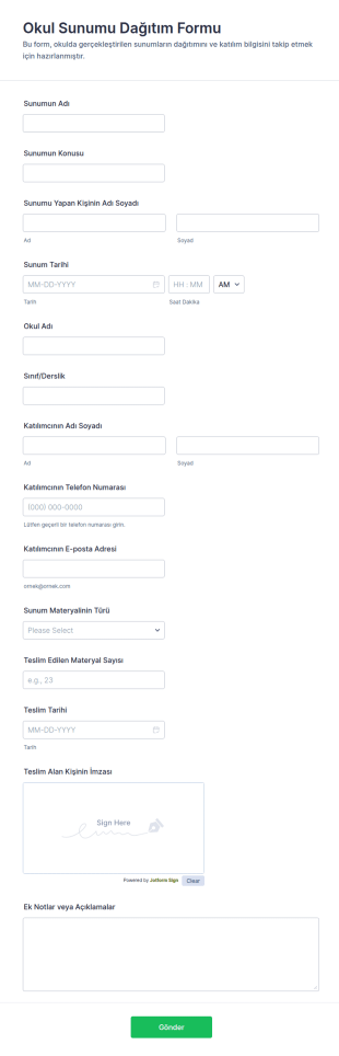 Okul Sunumu Dağıtım Form Şablonu