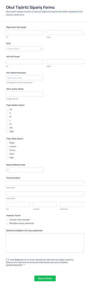 Okul Tişörtü Satın Alma Form Şablonu