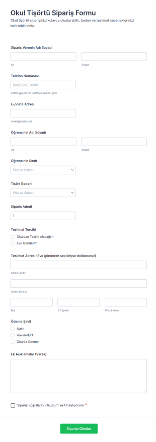 Okul Tişörtü Sipariş Formu 🎽 Form Şablonu