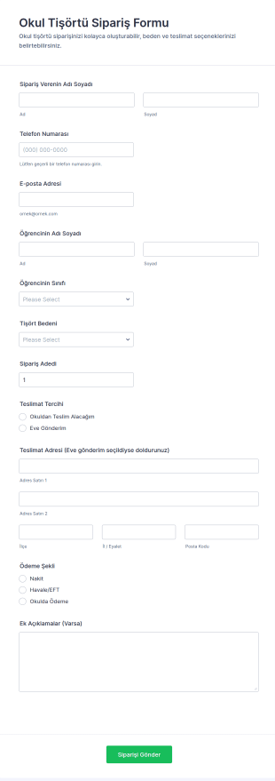 Okul Tişörtü Sipariş Formu 🎽 Form Şablonu
