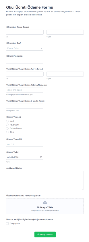 Okul Ücreti Ödeme Form Şablonu