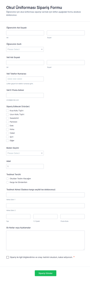Okul Üniforması Sipariş Form Şablonu
