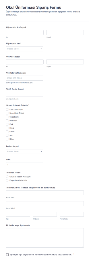 Okul Üniforması Sipariş Form Şablonu