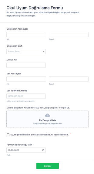Okul Uyum Doğrulama Form Template