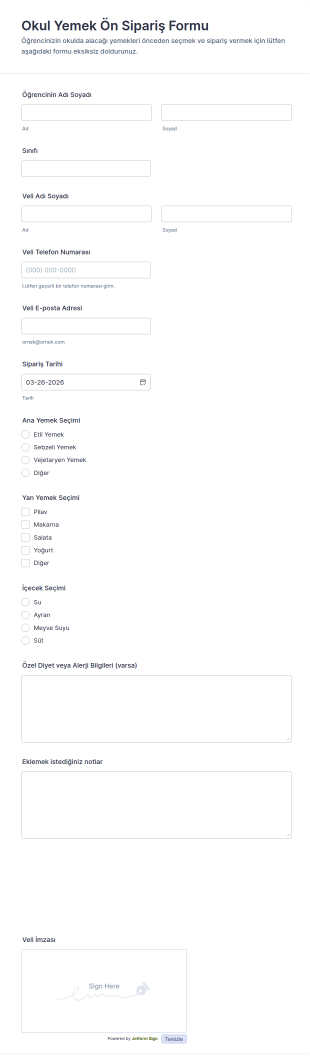 Okul Yemek Ön Sipariş Form Şablonu