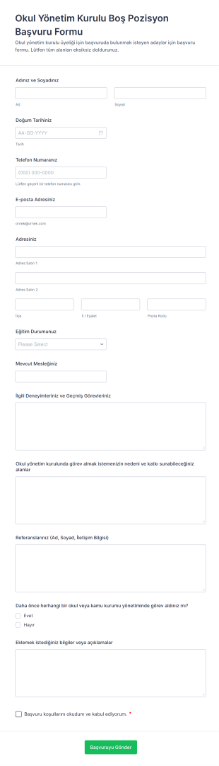 Okul Yönetim Kurulu Boş Pozisyon Başvuru Form Şablonu