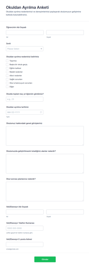 Okuldan Ayrılma Anketi Form Şablonu