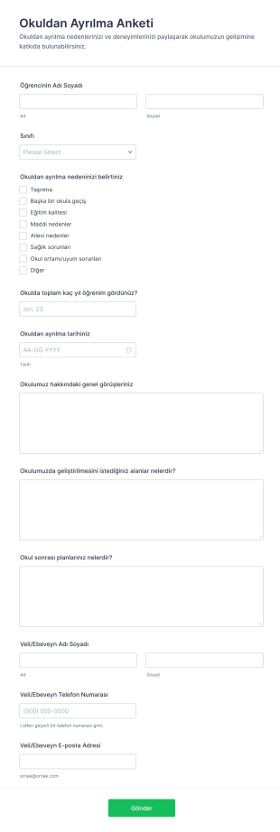 Okuldan Ayrılma Anketi Form Şablonu