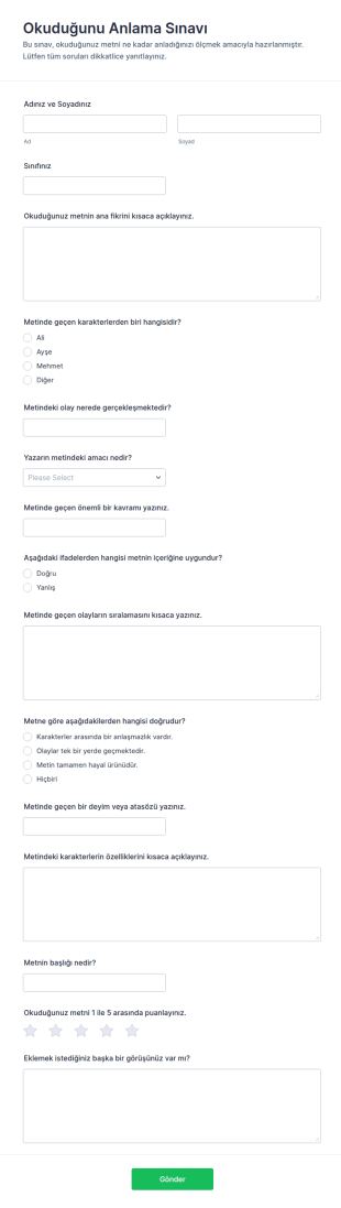 Okuma Anlama Quiz Form Şablonu