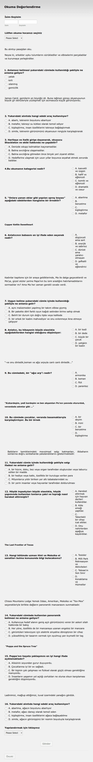 Okuma Değerlendirme Form Şablonu
