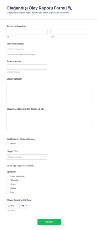 Olağandışı Olay Raporu Form Şablonu