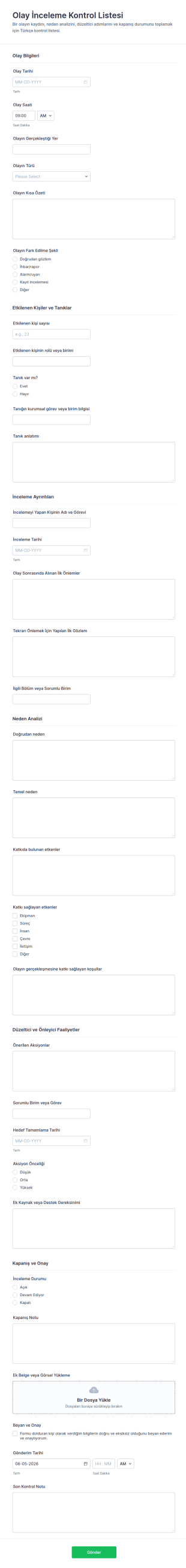 Olay İnceleme Kontrol Listesi Form Şablonu