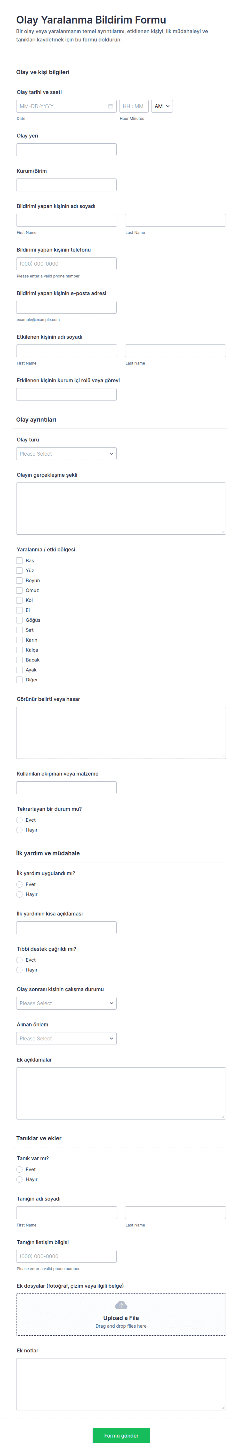 Olay ve Yaralanma Bildirim Form Şablonu | Jotform