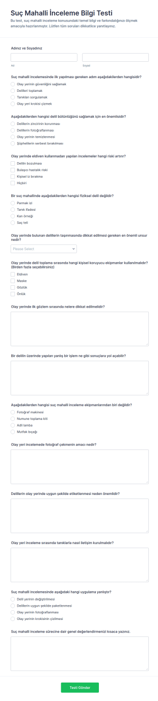 Olay Yeri İnceleme Testi Quiz Form Şablonu