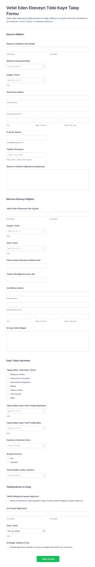 Ölen Ebeveyn Sağlık Kayıt Talep Form Şablonu