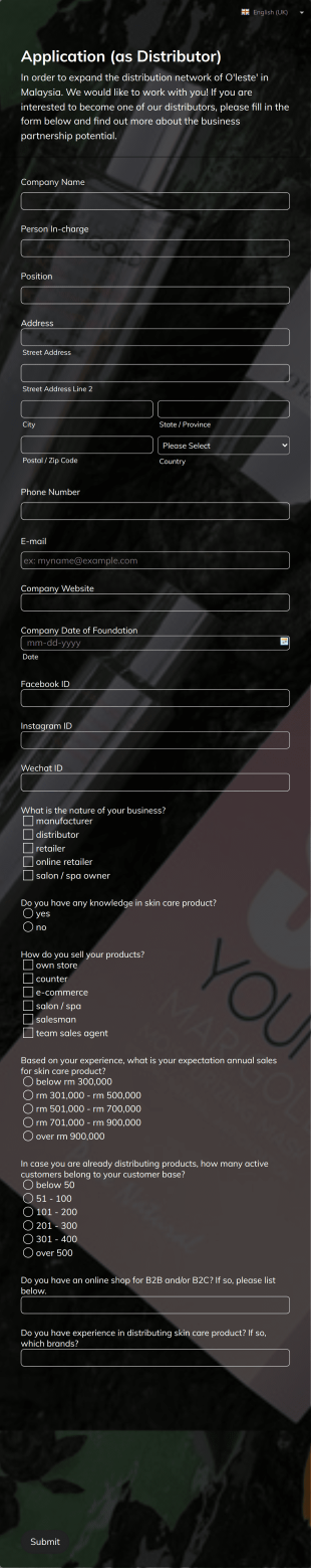 O'leste' Distributor Application Form Template