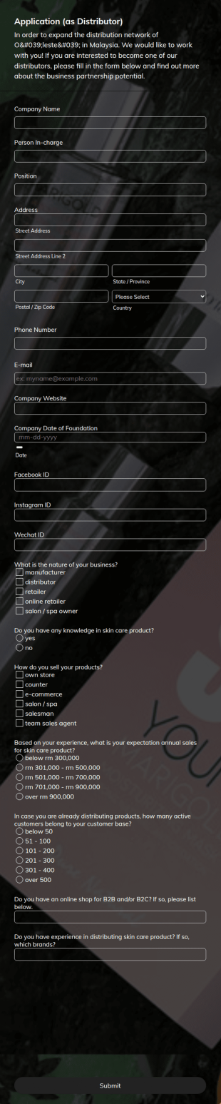 O'leste' Distributor Application Form Template