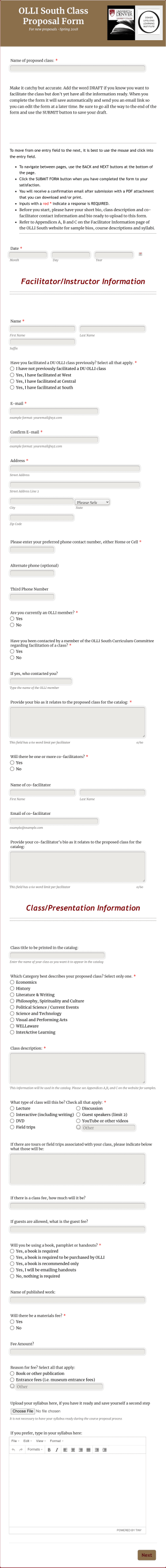 Olli South Class Proposal And Information Form Template