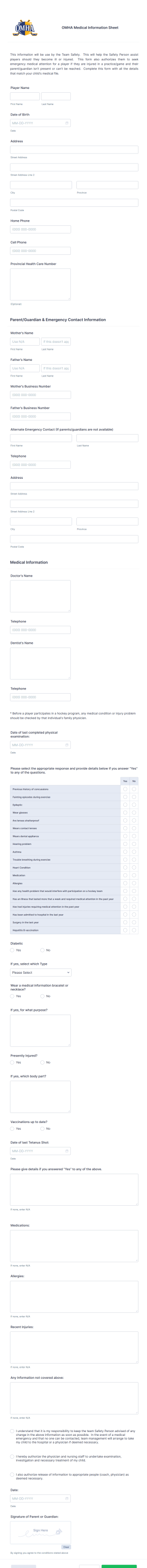 Medical Information Sheet Form Template