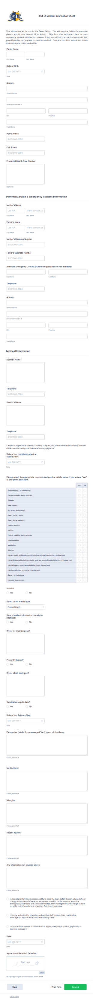 Medical Information Sheet Form Template
