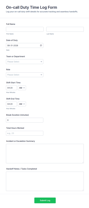 On Call Duty Time Log Form Template